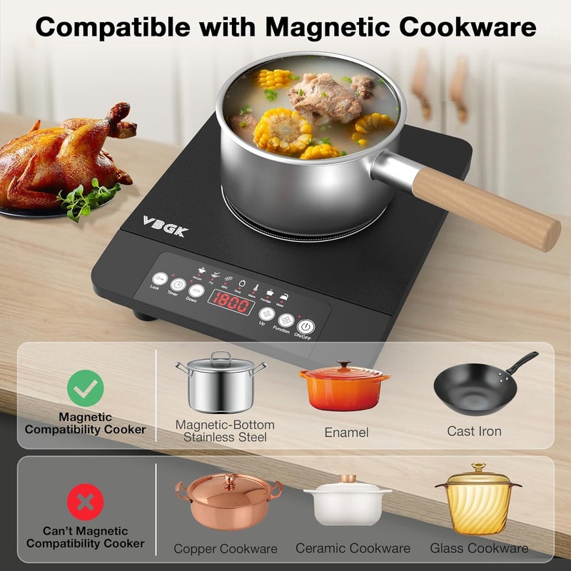 Bgk Portable induction Cooktop,110V Single Burner Induction Stove Top,1800W Induction Hot Plate Electric Burner,7 Power Levels, Kids Lock & Timer,LED touch control,Overheat Protection - Image 5